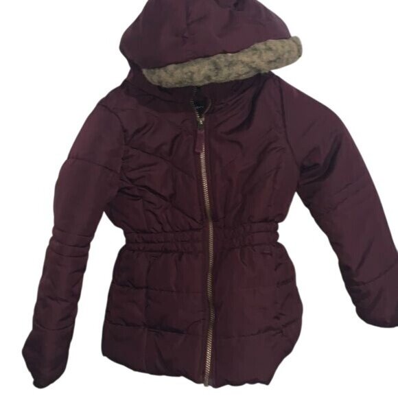 Weathertamer Girls Burgundy Hooded Puffer Jacket With Faux Fur Trim Size S/7-8 - Picture 1 of 7